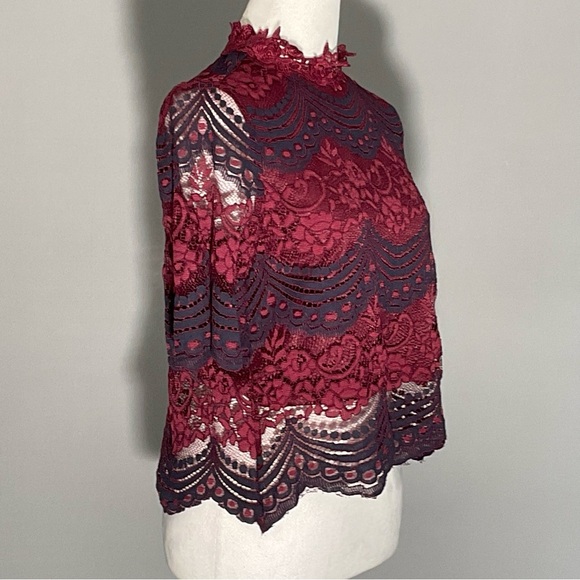 It Girl Burgundy/Navy, Scalloped Lace, Sheer, Lined, Demure, Victorian Blouse - Picture 13 of 16